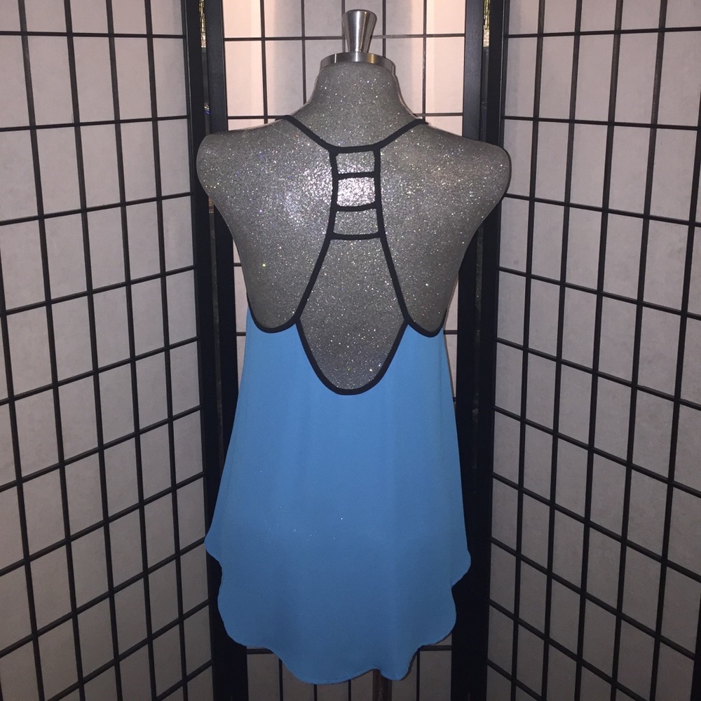 Flowy Semi Sheer Blue Hi Lo w Black Racerback Tank